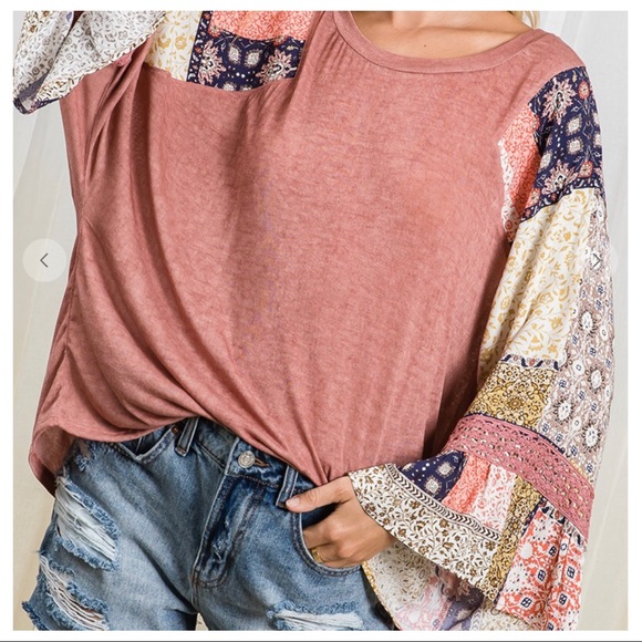 Bohemian print & solid knit fabric color block top - Picture 5 of 7